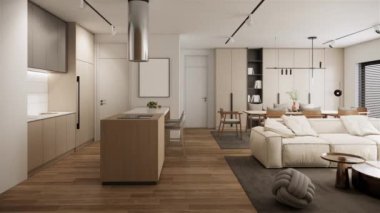 Video 4K of Modern japanese apartment room interior design and decoration with built in wooden furniture, tv, dining table and chairs. 3d rendering