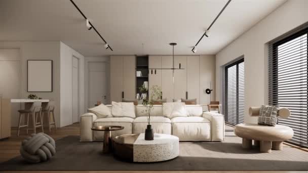 Modern Living Room Area Minimalistic White Apartment Interior Design Rendering — Video