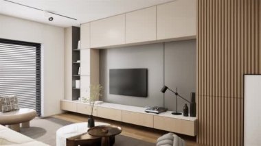 Modern japanese apartment room interior design and decoration with built in wooden furniture, tv, dining table and chairs. 3d rendering living room 4k video