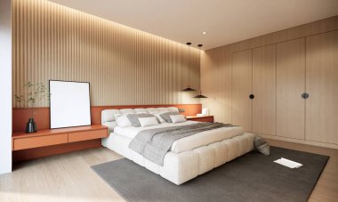 Bedoom iç tasarım ve modern Japon tarzında dekorasyon. 3D görüntüleme üst düzey otel misafir odası.