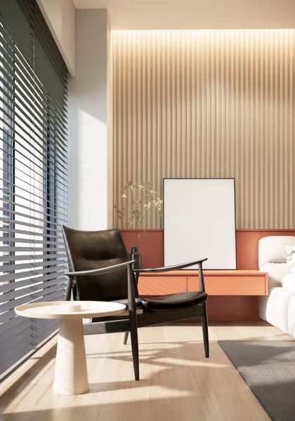 3D展示现代居室室内设计和装饰与白色床上用品 黑色椅子与咖啡桌 阳光从窗户 — 图库照片