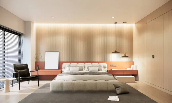 モダンなデザインの客室ホテルの内装と装飾白い寝具オレンジのヘッドボード 木製の壁の装飾 グレーのカーペット ブラインド窓 天井照明3Dレンダリングベッドルーム — ストック写真