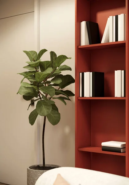 3Dレンダリングは 縦のイメージのための鍋に白い本と屋内植物とリビングルームの装飾で本棚を閉じます — ストック写真