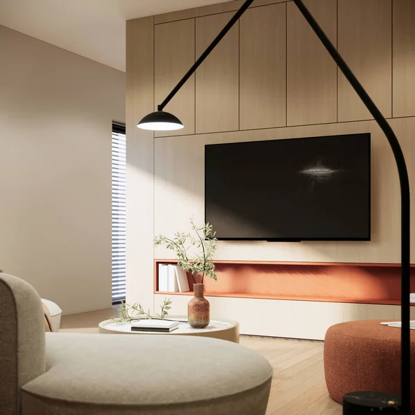 Kaplama Modern Oturma Odası Tasarım Dekorasyonla Beyaz Kanepe Turuncu Tabure — Stok fotoğraf