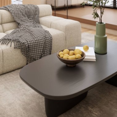 Modern iç tasarım. Oturma odası manzaralı asgari daire. Yakın plan.