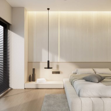 Beyaz yatak odası iç tasarımı, toprak tonları fikirleri. 3d oluşturma