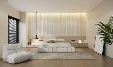 Interior of cozy modern bedroom in warm colors. Front view. 3d rendering illustration.	