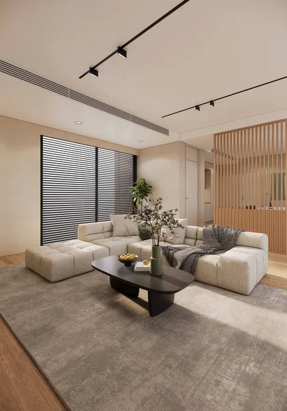 living room interior with sofa, beige apartment ideas. 3d rendering