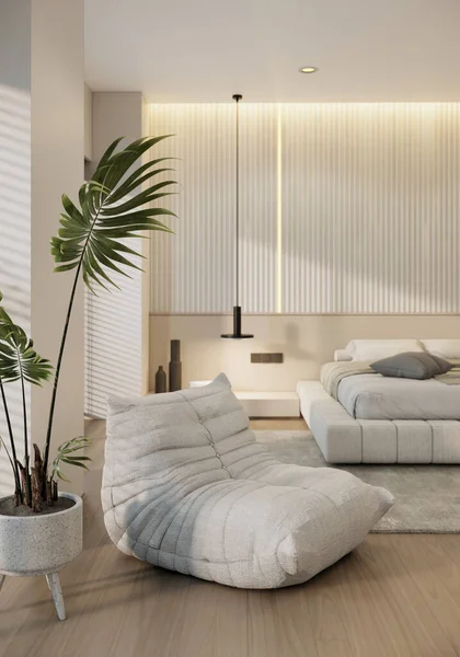 Beyaz yatak odası iç tasarımı, toprak tonları fikirleri. 3d dikey resim oluşturuluyor