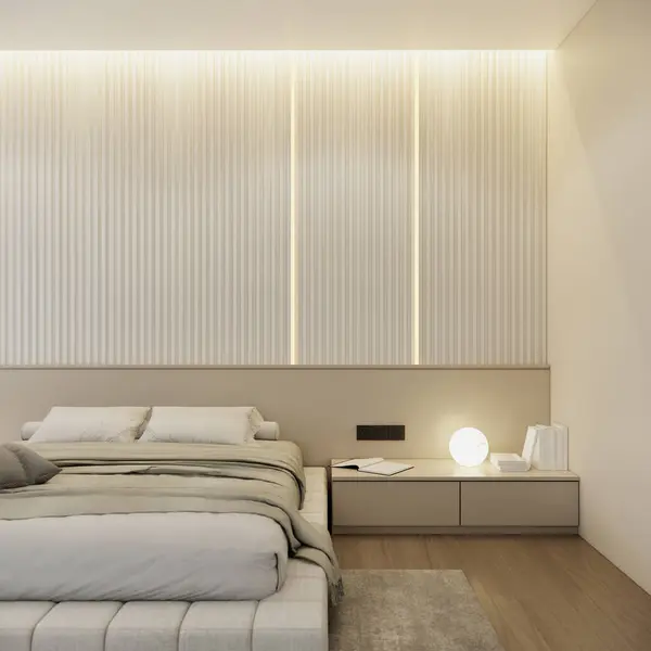 modern white bedroom interior design, earth tones ideas. 3d rendering