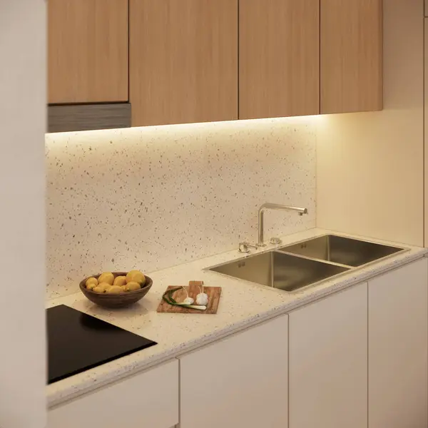 Bostadsinredning Modernt Kök Minimal Lägenhet Rendering Stockbild