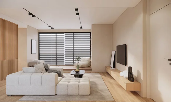 Güzel Bir Daire Modern Oturma Odası Tasarımı Ahşap Detaylar Boyutlu Telifsiz Stok Fotoğraflar