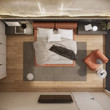 Modern yatak odası iç tasarım ve dekorasyonu. 3d oluşturma