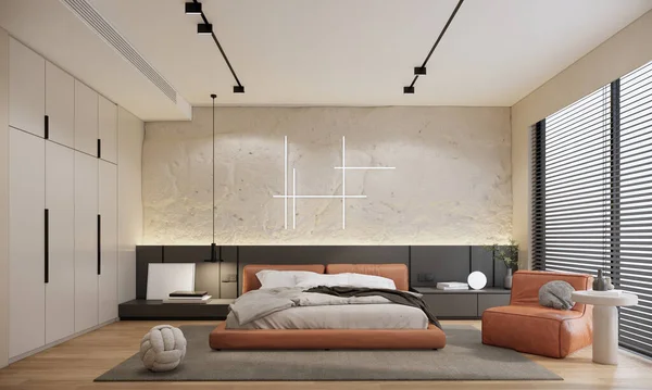 Modern bedroom interior design and decoration with orange bed, grey headboard and carpet, wall decoration and blinds window. 3d rendering showcase apartment.