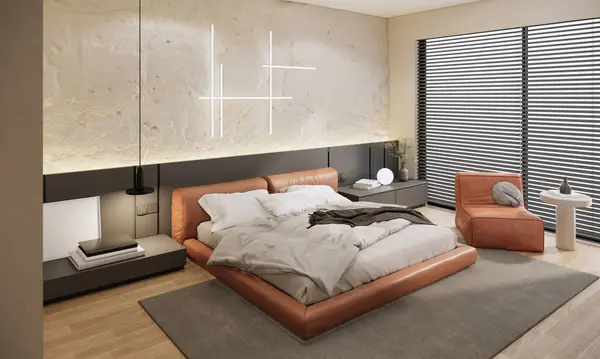 Modernt Sovrum Interiör Lägenhet Design Och Dekoration Med Orange Säng Stockbild