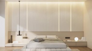 Mobilyalı modern beyaz yatak odasının içi, uzaklaşma görüntüsü, video 4K 3840x2160, 3D animasyon yatak odası tasarımı
