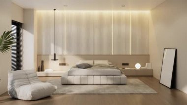 Zaman atlamalı 3D canlandırma. Yatak odası modern minimalist tarzı. mimari ve dekorasyon kavramı 4k UHD 3840x2160.