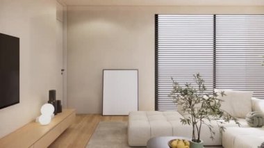 Mobilyalı modern oturma odası iç tasarımı, 3D görüntüleme 4k.