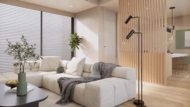 Oturma odasının modern iç tasarımı. Konforlu bir daire, oturma odası mutfağı, 3D tasarım.
