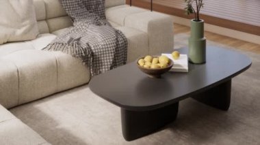 Oturma odasının modern iç tasarımı. Sıcak oturma odasının şık bir iç mekanı. Yakın çekim. 3d oluşturma