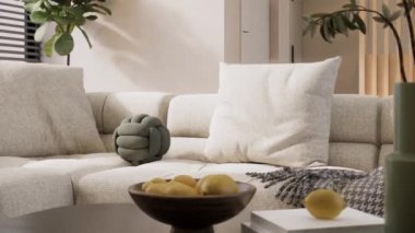 Oturma odasının modern iç tasarımı. Oturma odasındaki kanepenin iç kısmı çok şık. Yakın çekim. 3d oluşturma