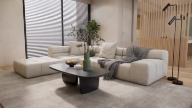 3D animasyon videosu, minimalist tarzda iç dizayn edilmiş modern sıcak oturma odası rahat kanepe ile hazırlanmış 3D.