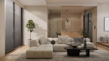 Oturma odasının modern iç tasarımı. Konforlu oturma odasının iç kısmı çok şık. 3d görselleştirme