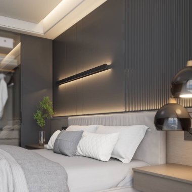 Modern daire, şık yatak odası tarzı. Yakın plan, 3D görüntüleme.