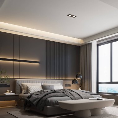 Zarif yatak odası stili, siyah ton rengi, modern apartman tasarımı.