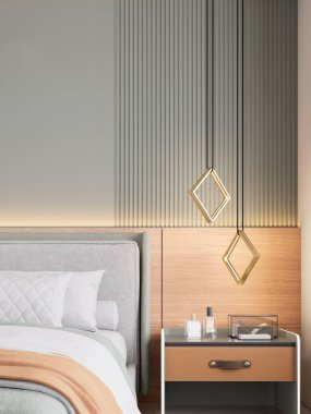 Modern bir yatak odası şık gri bir yatak odası, ahşap aksanlar, ve geometrik dekoratif elementler sakin ve zarif bir atmosfer yaratıyor. 3B görüntüleme