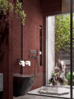 Topraksı tonların, parlak armatürlerin ve doğal ışığın bulunduğu modern bir banyo huzurlu ve şık bir atmosfer yaratıyor. 3B görüntüleme