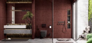 Topraksı tonların, minimalist tasarımın ve doğal elementlerin yer aldığı modern bir banyo, işlevselliği estetik cazibeyle birleştiriyor. 3B görüntüleme