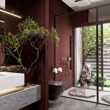 Parlak bir tasarımı, doğal elementleri ve açık hava bahçesine açılan cam bir muhafazası olan modern bir banyo. 3B görüntüleme