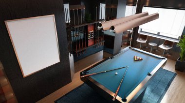 Şık bir bilardo masası, ıstaka çubukları, şık bir ışıklandırma ve rahat bir ambiyansı olan modern bir bilardo odası. 3B görüntüleme