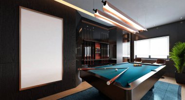 Modern bir oyun odası, şık bir bilardo masası, şık bir ışıklandırma, rahat koltuklar, eğlence ve rahatlama için mükemmel. 3B görüntüleme