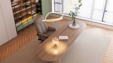 Şık ahşap bir masa, rahat bir sandalye, dekoratif bitki ve şık bir ışıklandırmanın yer aldığı modern bir ofis. 3B görüntüleme