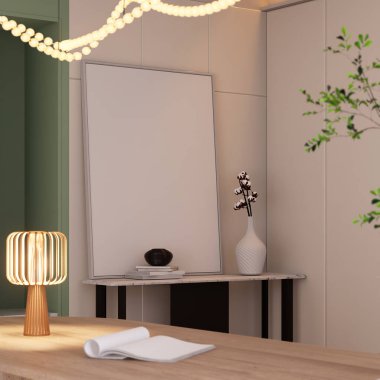 İçinde bir lamba, boş bir tuval ve şık bir masanın üzerinde çiçekli bir vazo bulunan minimalist bir iç mekan. 3B görüntüleme
