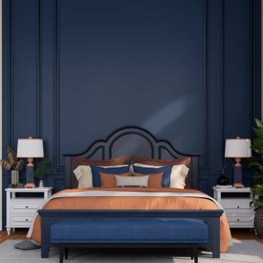 Modaya uygun bir yatak odası lacivert bir duvarı renkli yastıkları, beyaz komodinleri ve modern lambaları olan rahat bir yatak odası şık ve davetkar bir atmosfer yaratıyor. 3B görüntüleme
