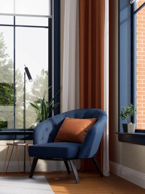 A cozy blue armchair with a decorative pillow sits in a bright room featuring large windows, plants, and warm curtains. 3D rendering clipart