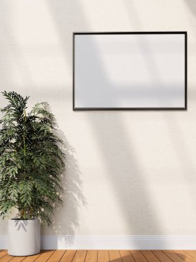 Minimalist bir iç mekan, boş bir çerçeve ile bir saksı bitkisinin yanında, sıcak ahşap döşeme ve yumuşak ışık gölgeleri ile. 3B görüntüleme
