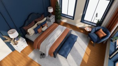 Renkli yastıklı bir yatak odası, ayak ucunda bir bank ve geniş pencerelerden süzülen doğal ışık. 3D görüntüleme. 3d oluşturma
