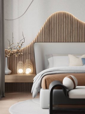 Modern yatak odası tasarımı şık bir yatak başlığı, rahat bir yatak örtüsü ve sakin bir atmosfer yaratan dekoratif elementler içerir. 3B görüntüleme
