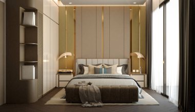 Modern bir yatak odası şık bir yatak odası, zarif bir dekor, ve büyük pencereler, doğal ışığa izin vererek, sakin ve davetkar bir atmosfer yaratıyor. 3d oluşturma