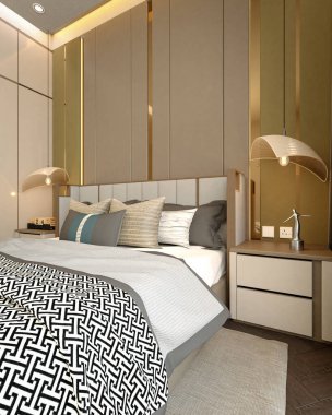 Şık, modern bir yatak odası. Şablonlu bir yatak örtüsü, şık bir ışıklandırma ve sıcak renk paleti olan çağdaş mobilyalar. 3d oluşturma.