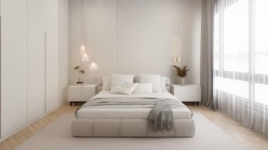 Modern, minimalist yatak odası geniş bir yatak odası, yumuşak tekstil ve perdelerin arasından süzülen doğal ışık. 3d görüntüleme 4K