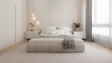 Modern, minimalist bir yatak odası şık bir yatak odası, yumuşak yastıklar, başucu masaları, ve sıcak aydınlatma, sakin ve davetkar bir atmosfer yaratıyor. 3d oluşturma.