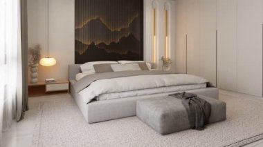 Geniş bir yatak odası, minimalist bir dekor ve sakin bir atmosfer yaratan şık bir duvar tasarımı. 4K video iç sahne 3D görüntüleme.