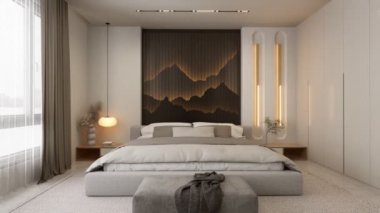 Tarafsız bir palet, dokulu bir duvar, çevre aydınlatması ve minimalist mobilyaların yer aldığı modern bir yatak odası, sakin ve şık bir atmosfer yaratıyor. 3D canlandırma ön yatak sahnesi.