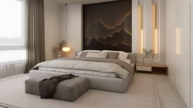 Lüks bir yatağı, çevre ışıklandırması ve şık dekorları olan, sakin ve davetkar bir atmosferi olan modern, zarif tasarlanmış bir yatak odası. 3D görüntüleme 4K iç mekan.