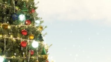 Geceleri kar altında güzel bir Noel ağacı, 4K animasyon arka planı, 3D görüntüleme